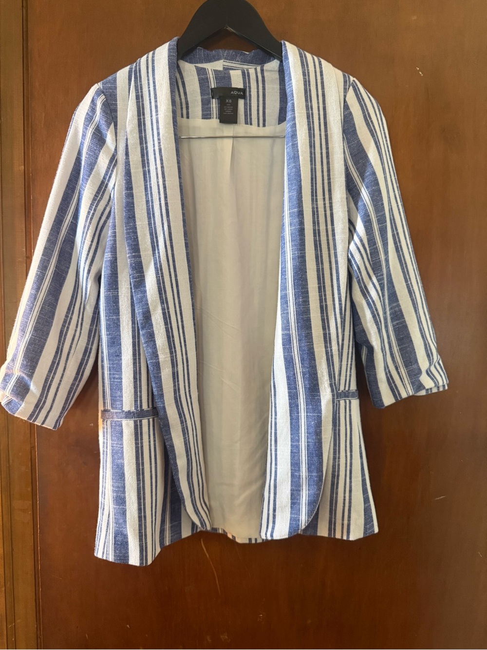 Aqua Blue and White Striped Open-Front Blazer